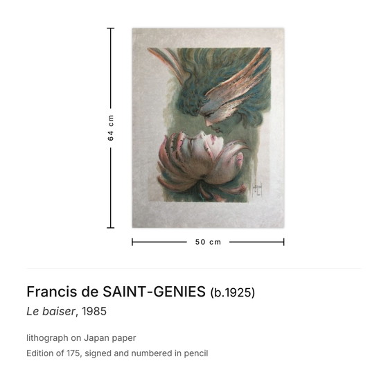 Francis de Saint-Genies Lithographie Signée Le Baiser 1985 – Lithographies et sérigraphies, Paper (photo 3 of 5)