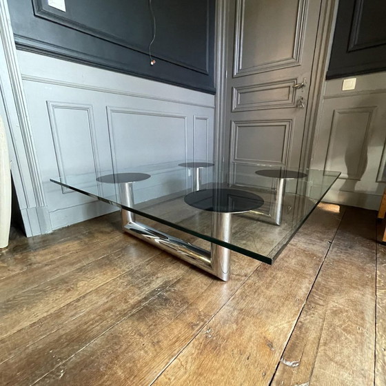 Grande table basse/de salon carrée italienne en acier tubulaire chromé, années 1970 – Livres d'art, Glass (photo 9 of 18)