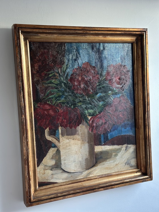 Image 1 of Vintage Oil Painting – Red Peonies in White Jug, Signed FAE, Expressive Floral Still Life, Belgian School Framed Artwork, 20th C