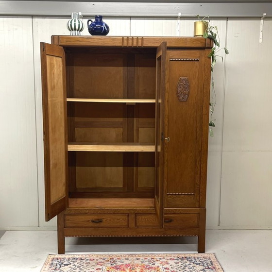 Image 1 of Antique mirror cabinet storage cabinet 1920s linen cupboard oak