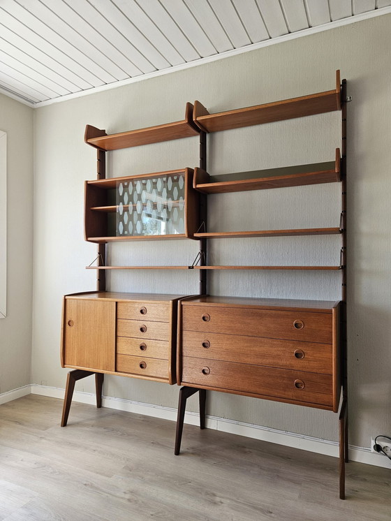 Image 1 of Mid-Century Scandinavian Teak Wall Unit, Modular Shelving by John Texmon & Einar Blindheim, 2-Piece Blindheim Mobelfabrikk