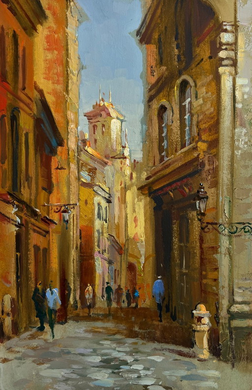 Peinture à l'huile originale, paysage urbain de jour, promenade dans les rues de la ville