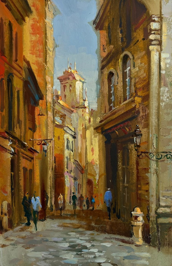 Image 1 of Original Oil Painting Day City Landscape Walking along the street of the city