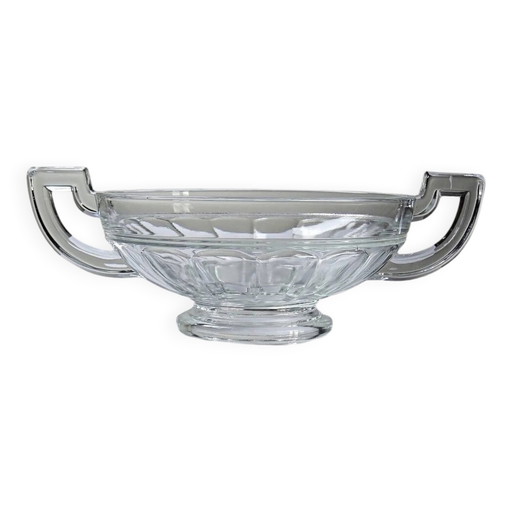Art Deco glass bowl, in the style of Val Saint Lambert, with wide handles.