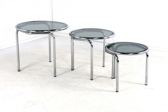 Image 1 of Italian round chrome nesting tables smoked glass vintage