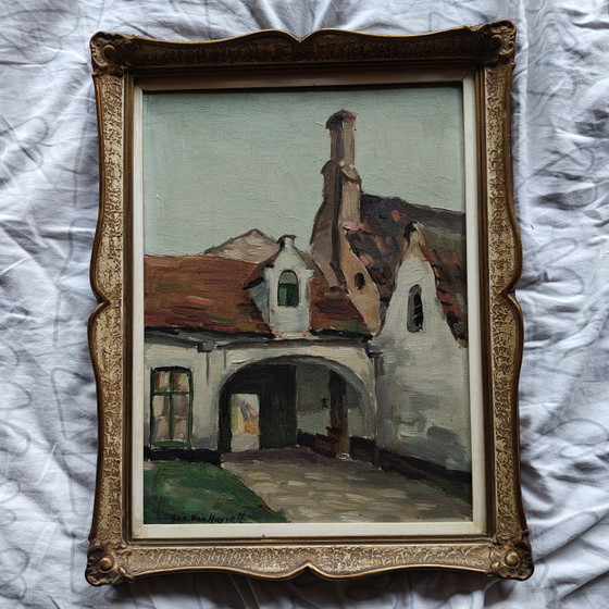Image 1 of Joseph Van Hoyvelt – Vintage Belgian Oil Painting of Flemish Courtyard – Framed Mid Century Artwork