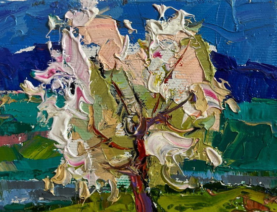 Image 1 of Original Oil Painting Spring Night Landscape Wild pear near the river