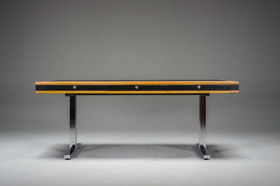 Image 1 of Mid-Century Modern Schreibtisch aus Eiche und Chrom mit Lederplatte, 1980er Jahre