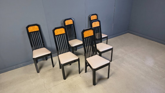 Image 1 of Chaises de salle à manger vintage en loupe de bois et laque, années 1980