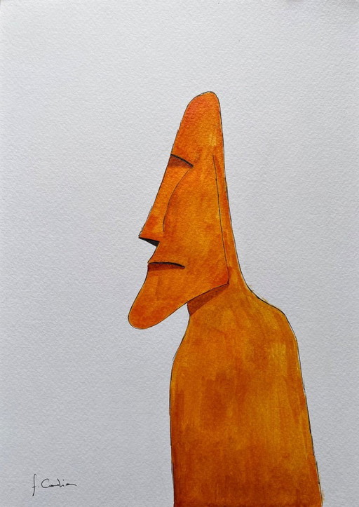 Encre sur papier blanc.  Format 30x21cm. Moai