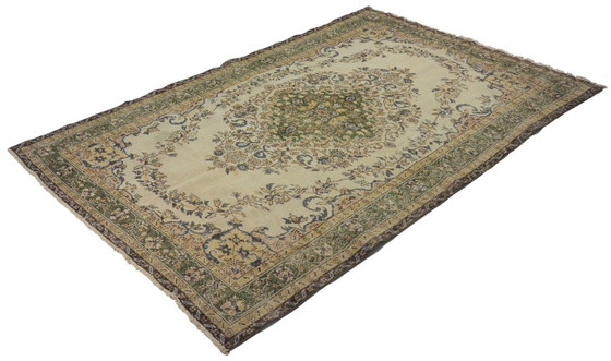 Vintage Turks tapijt 300x186 cm – Groot handgeknoopt wollen tapijt met zacht crèmekleurig en groen (photo 9 of 12)