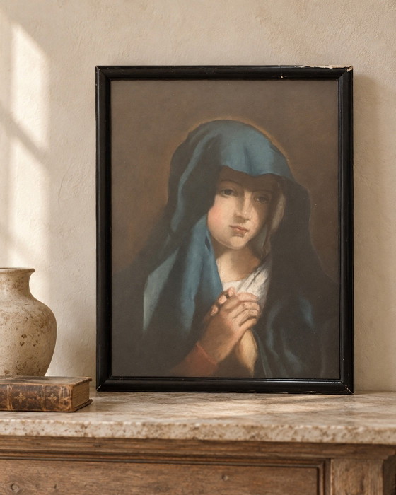 19th Century Virgin Mary Pastel, Blue Veil Madonna After Sassoferrato, Paintings & Drawings, Paper, Glass (photo 4 of 8)