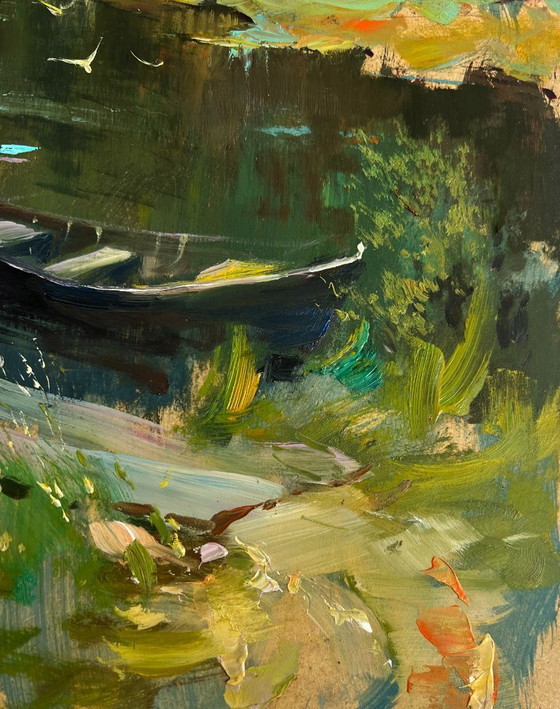 Image 1 of Original Oil Painting Summer Coastal Landscape A lonely boat by the river