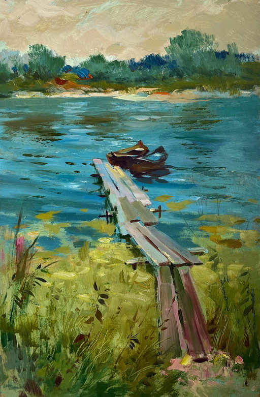 Dipinto ad olio originale: Paesaggio fluviale estivo, barche ormeggiate in riva al fiume.