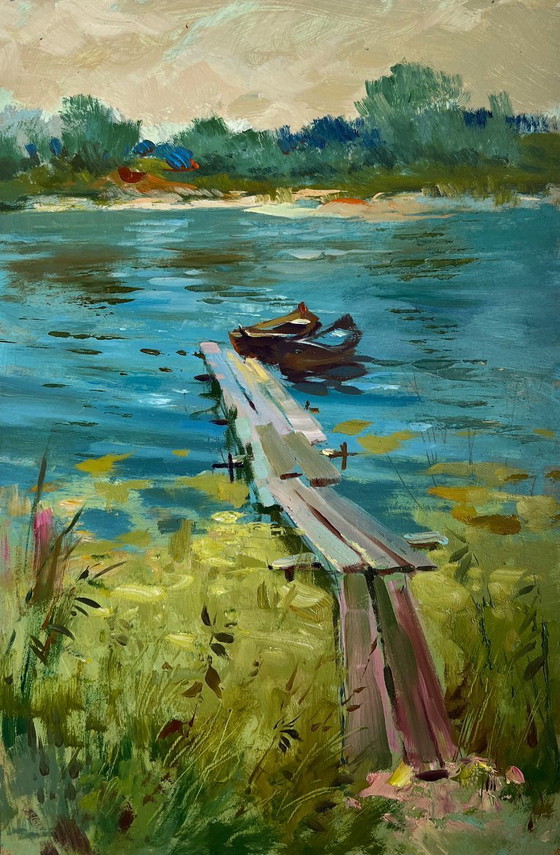 Image 1 of Original Oil Painting Summer River Landscape Boats at rest by the river