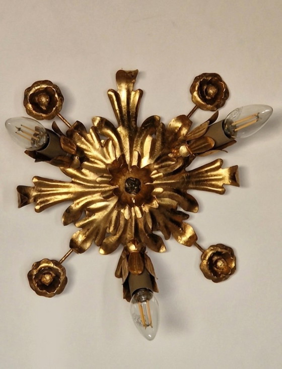 Image 1 of Vintage Florentijnse vergulde metalen plafond- of wandlamp – Illuminazione d’Arte, Florence, jaren 1960