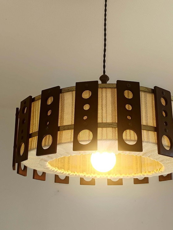 Lampada a Sospensione Scandinava in Teak e Tessuto Circa 1960 – Lampade a sospensione, Wood (photo 8 of 10)