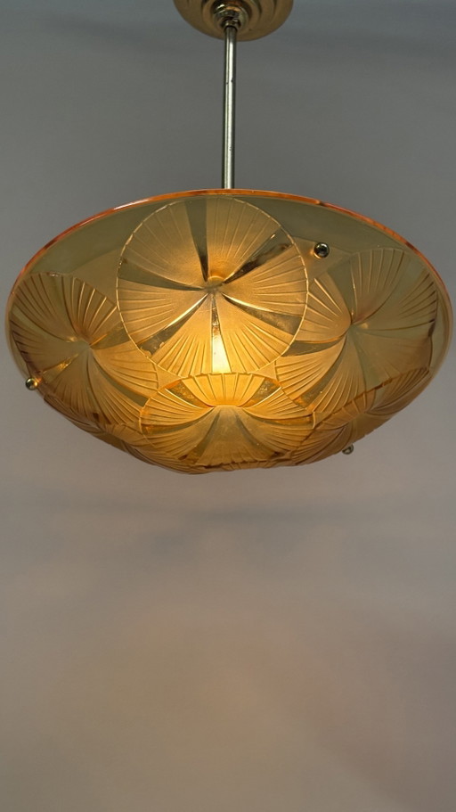 Hubens & Degué ceiling lamp chandelier Art Deco amber colored glass