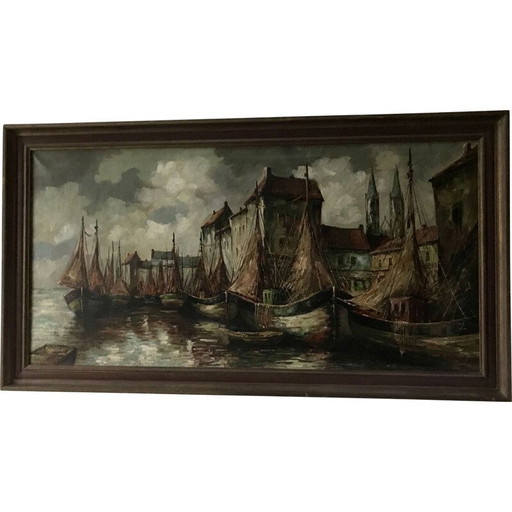 Vintage Öl auf Leinwand "Ansicht des Hafens" von C.R. Ronveaux, 1940