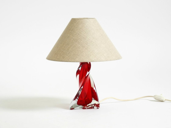 Image 1 of Beautiful heavy mid-century modern table lamp made of solid crystal glass in red and transparent