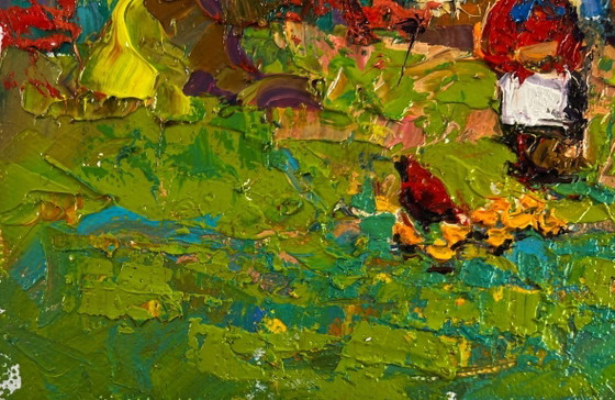 Image 1 of Original Oil Painting Summer Village Landscape Warm of wings and rustic silence