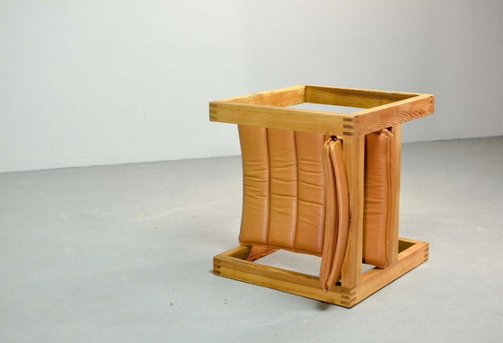 Image 1 of Brutalist Ate van Apeldoorn Dutch Design Cognac Leather Cubic Pinewood Side Chair for Houtwerk Hattem. The Netherlands, 1970s.