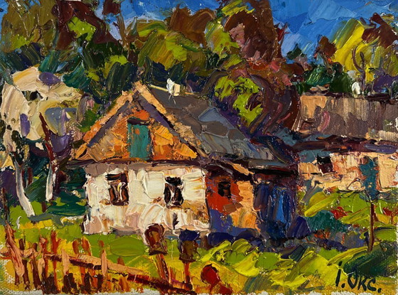 Image 1 of Original Oil Painting Village Day Landscape Village under the summer sky