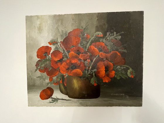 Image 1 of Jarrón pintado al óleo con amapolas - C. Moerman 1987