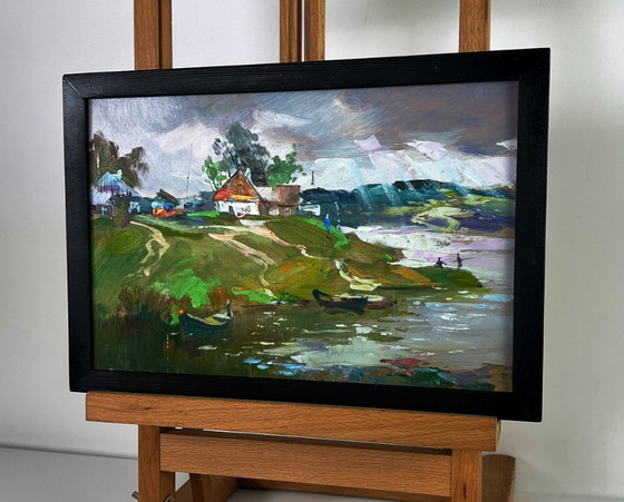 Image 1 of Origineel olieverfschilderij: Landelijk landschap, natuur, een rivier nabij het dorp.