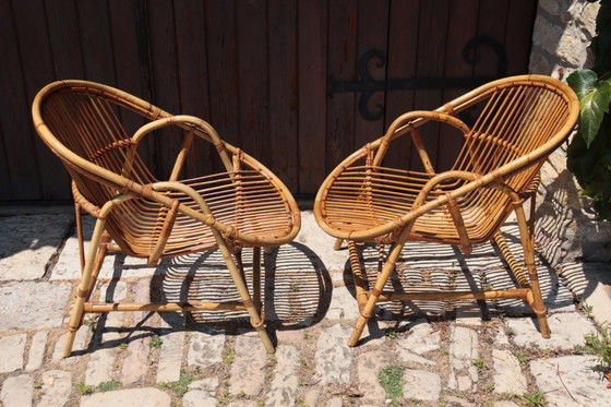 Image 1 of Paar rotan fauteuils van Audoux Minet 1950