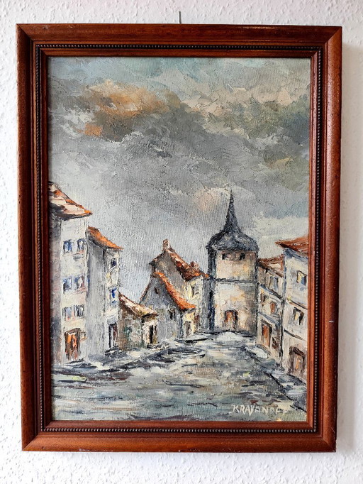 Dipinto ad olio originale - Villaggio francese 1979 Charles Krayanoff firmato