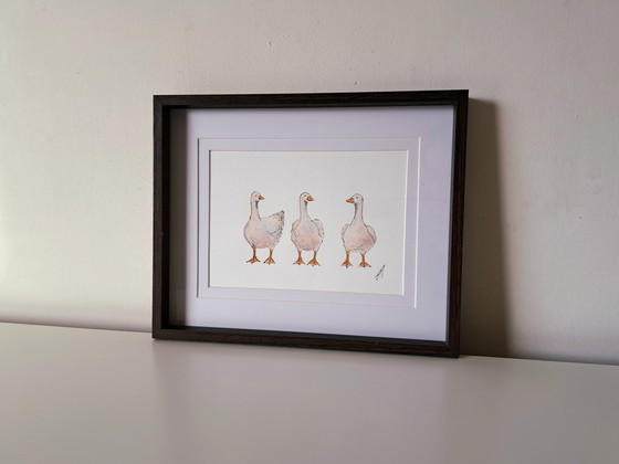 Image 1 of Aquarelle représentant trois oies | Avec cadre