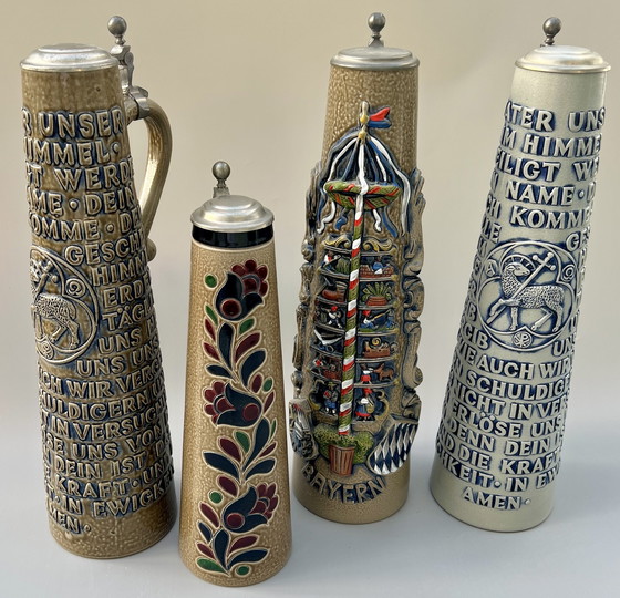 Image 1 of Lot de 4 chopes à bière vintage originales en grès avec couvercles en étain – König / GERZ – Allemagne, années 1970-1980