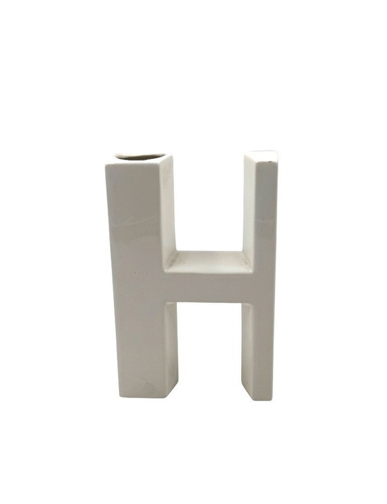 Image 1 of Space age white H letter shaped ceramic solifleur vase, Marcel Radureau ca. 1970