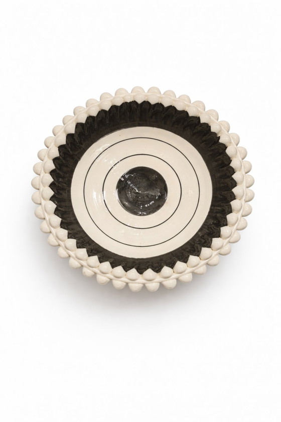 Image 1 of Caltagirone Ceramic Centerpiece, Sicilian Pottery Black & White Geometric Bowl, Hand-Painted Modernist Art, Handmade in Italy