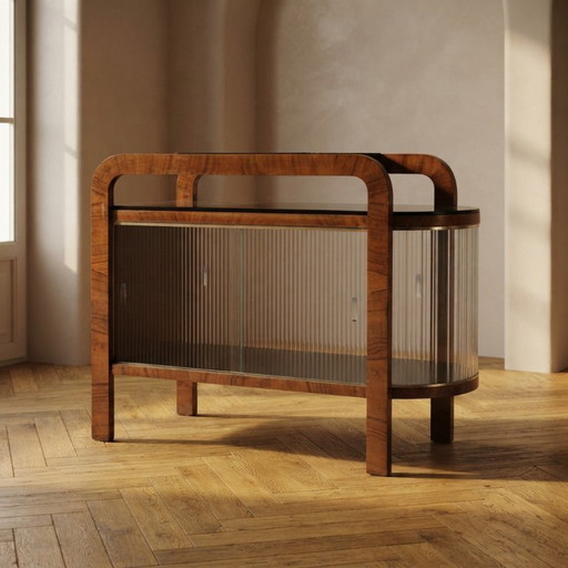 Vetrina vintage Art Déco con struttura in legno curvato e ante in vetro, 65 × 82 × 39 cm – vitrinekasten, Wood