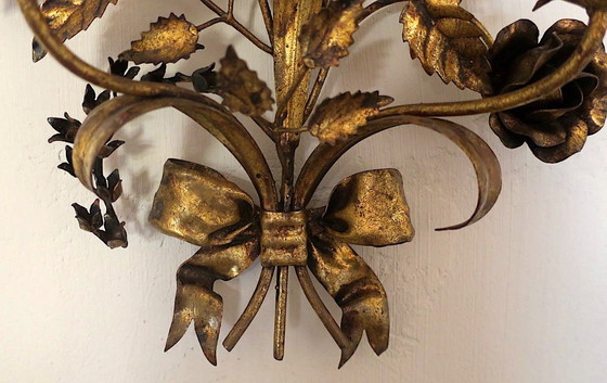 Image 1 of Pair of Gold Plated Wall Double Candleholders with Roses by Hans Kögl, 1960s