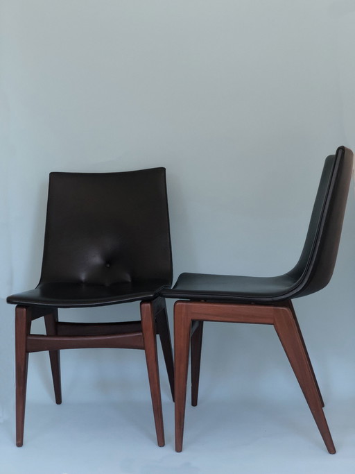 2 chaises de salle à manger en teck, cuir Skai, G.J. van Os