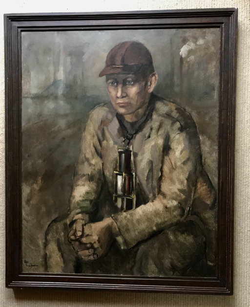 Tableau représentant un mineur, signé Theo Swagemakers, portraitiste renommé en Europe