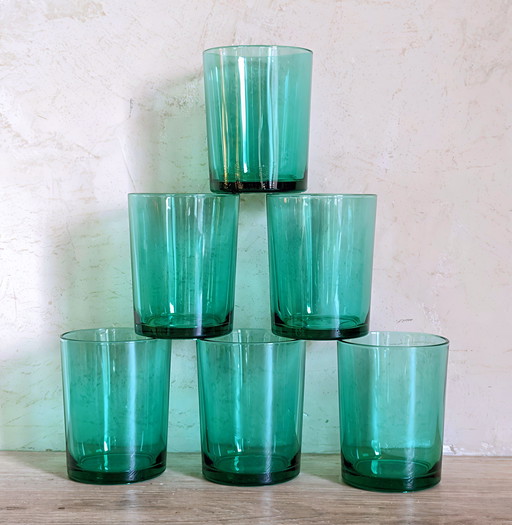 Set of 6 Green Seventies Water Glasses "Huile Lesieur" (Incl. Stamp)