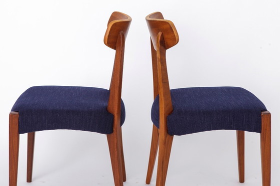 Image 1 of Set of 3 Danish Teak Chairs 1960s, Vintage Mid Century Dining Chairs, Dark Blue Upholstered Seats