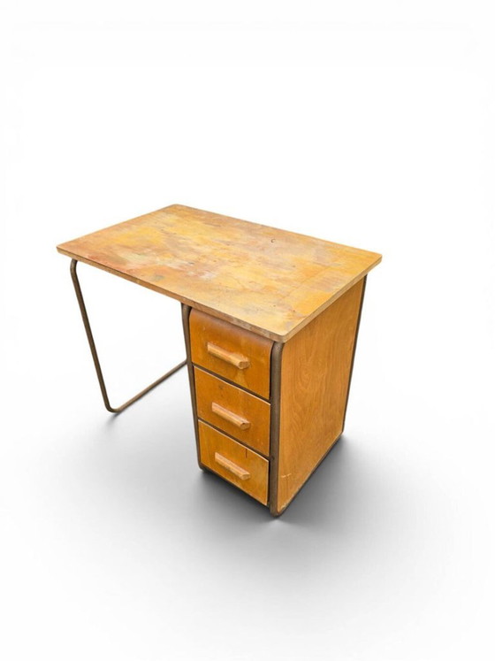 Vintage 1950s Wood and Metal Desk with 3 Drawers (photo 4 of 5)