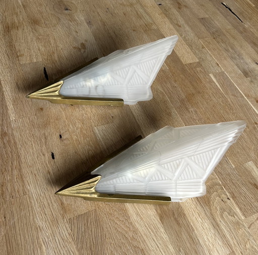 2x Eclectic vintage brass wall lamps (triangle) with satined glass