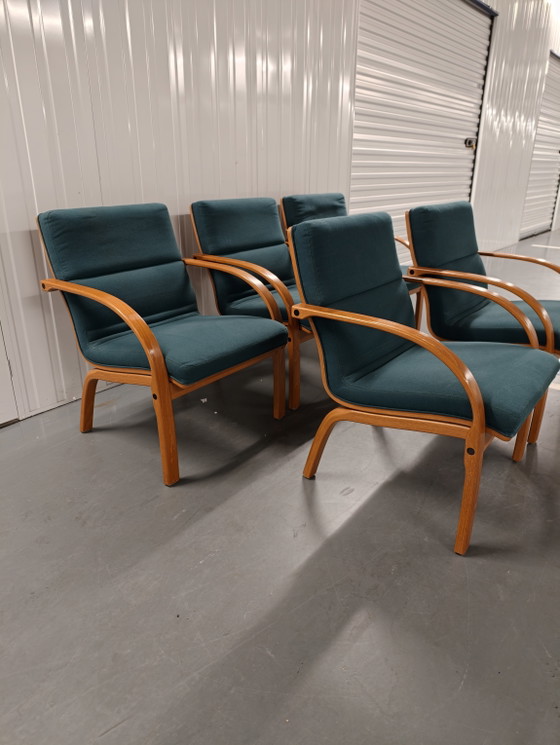 5 Vintage Deense Loungestoelen Groen, Wollen, Gebogen Hout, Retro Uit De Jaren 80. – Eetkamerstoelen, Wool (photo 5 of 9)