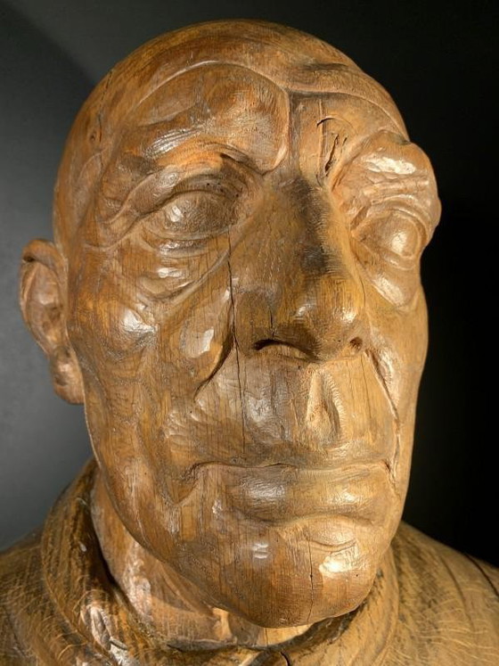 Frans Claessens, Levensgrote Buste van Pablo Picasso, Gesneden Hout, Jaren 30 – Beeldhouwkunst, Wood (photo 2 of 14)