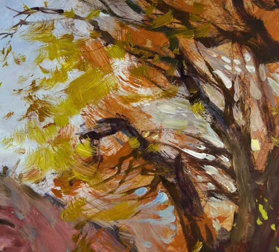Image 1 of Original Oil Painting Autumn Village Landscape Street in golden leaves
