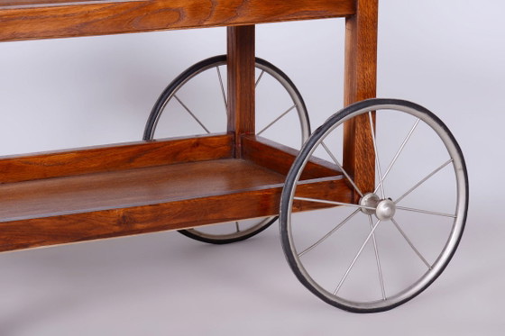 Gerestaureerde art-deco trolley van Thonet, eikenhout, glas, fineer, chroom, Tsjechisch, jaren 1920. (photo 10 of 16)