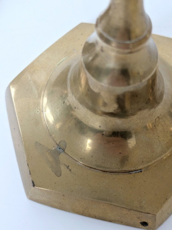 Image 1 of Set of 6 Vintage Brass Candleholders: Mixed-Height and Designs, Holiday Table