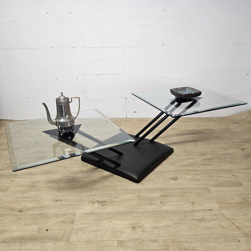 Vintage (1980) Design Italian Glass Coffee Table Bellato / Postmodern Italian Adjustable Glass Coffee Table