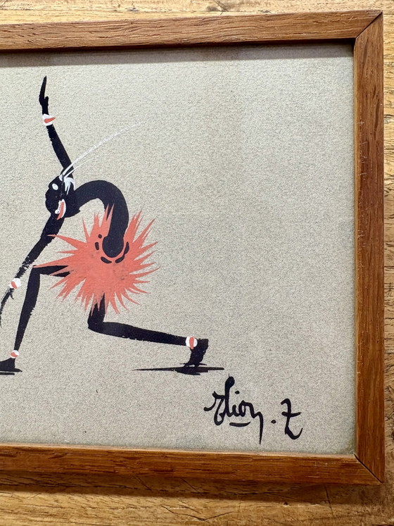 Mid-Century Modern Langwerpig Schilderij Gestileerde Figuren (Jaren '50/'60) – Schilderijen & Tekeningen (photo 4 of 10)